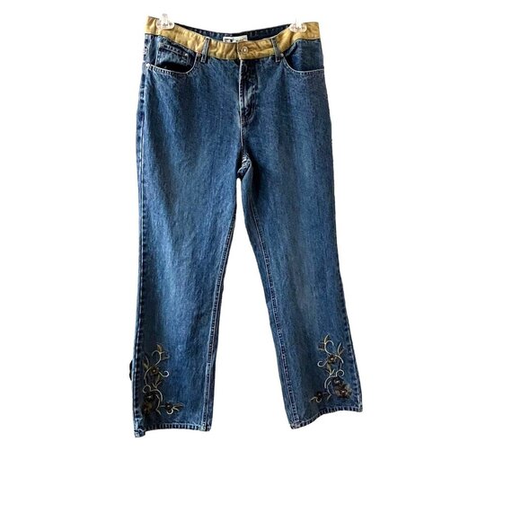 Vintage Faded Glory FLARE Blue jeans floral embroidered tan accent belt Missy 14 - Picture 6 of 14